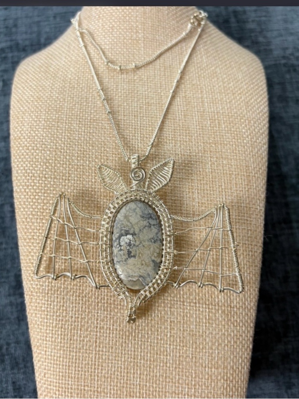 Handcrafted Silver Wire Bat Pendant Necklace with  Natural Gray Stone